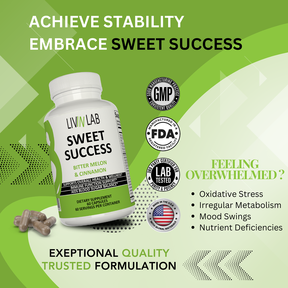 Support Your Well-Being Naturally with Supreme Blood Sugar Supplement: Crafted with care in a GMP certified facility, Livin Lab's formula includes a variety of herbs and vitamins to support healthy blood sugar levels and overall health.