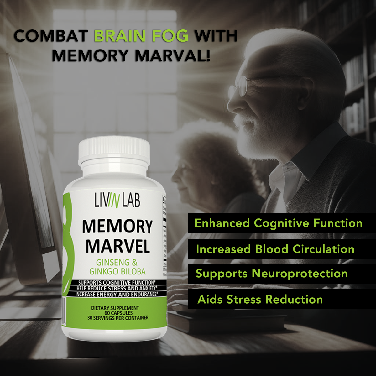 Say Goodbye to Forgetfulness with Livin Lab Memory Marvel. Experience improved cognitive function and enhanced memory with our premium Ginkgo Biloba formula.