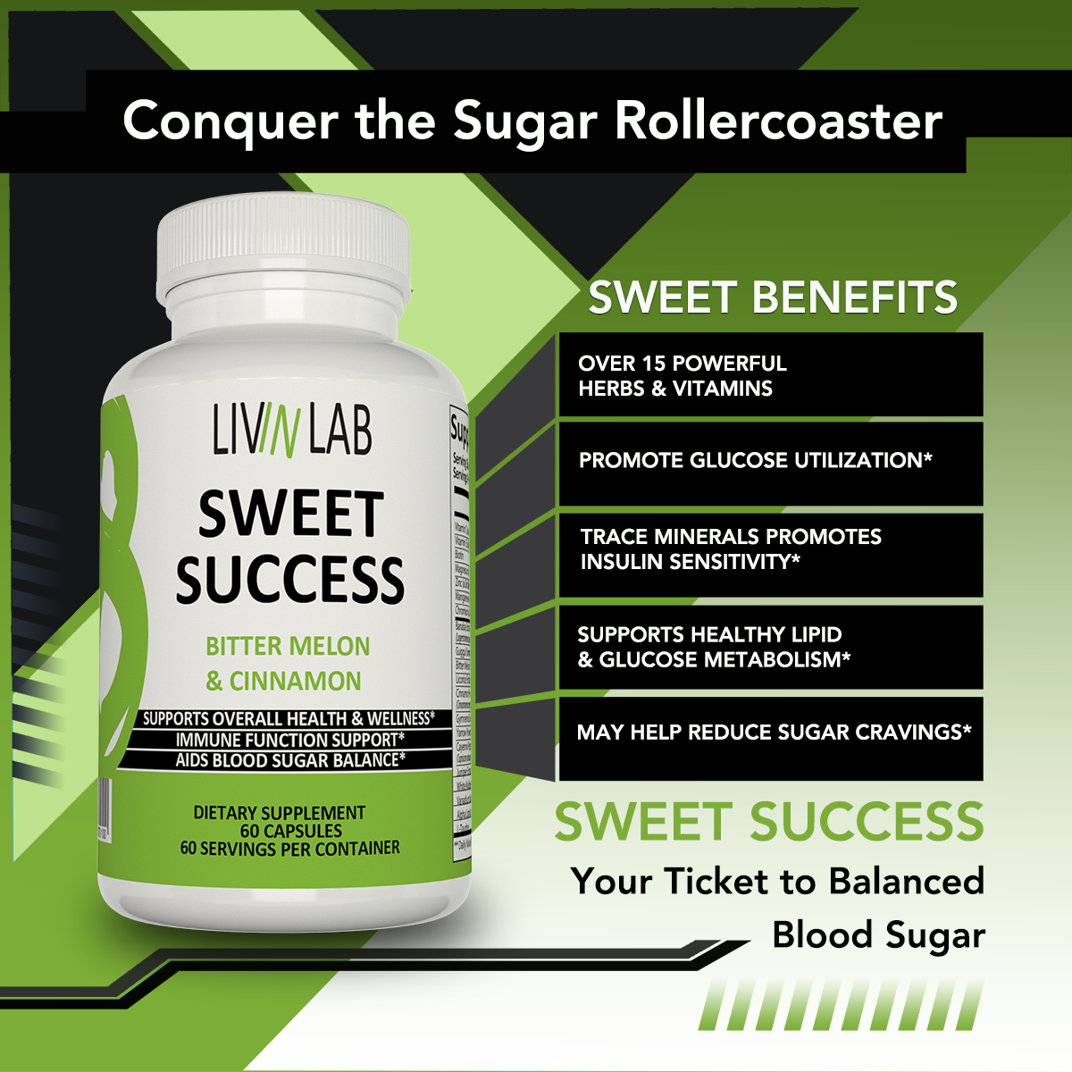 Supreme Blood Sugar Supplement: Livin Lab's Sweet Success vitamins to support healthy blood sugar levels. 