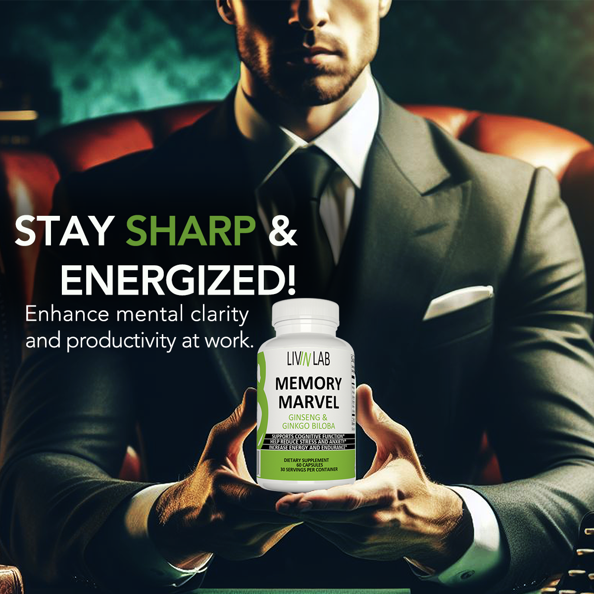 Achieve Exceptional Mental Clarity with Memory Marvel! Ginseng Extract and Ginkgo Biloba work together to enhance your cognitive performance.