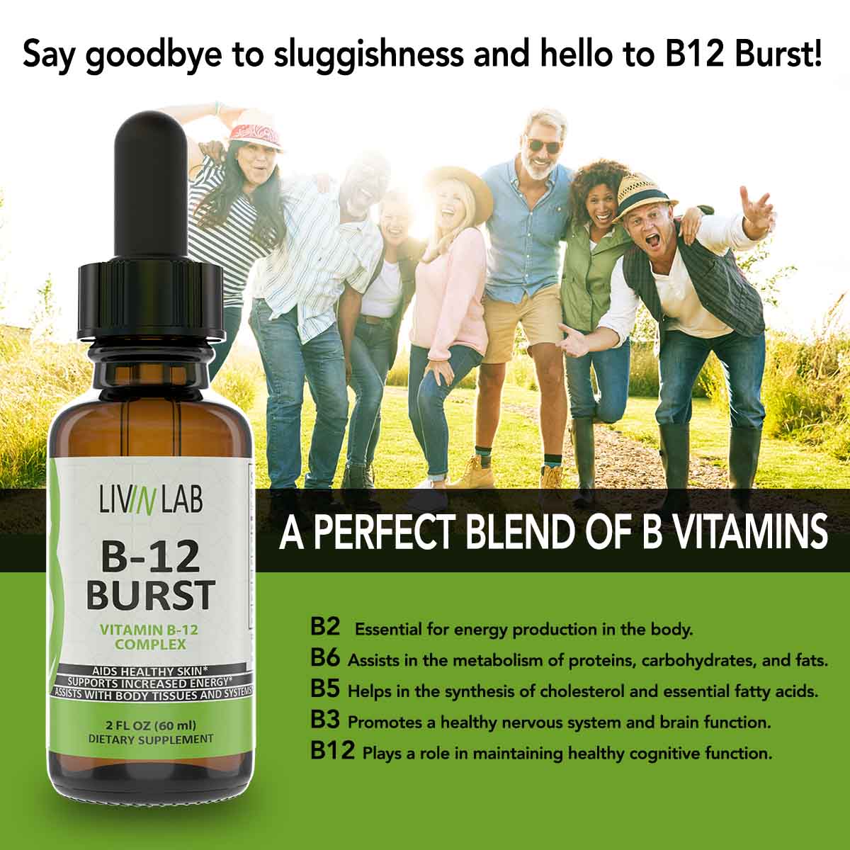 Experience More Energy, Less Fatigue: B12 Burst Liquid B-12 Supports Your Active Lifestyle and Promotes Overall Well-Being.