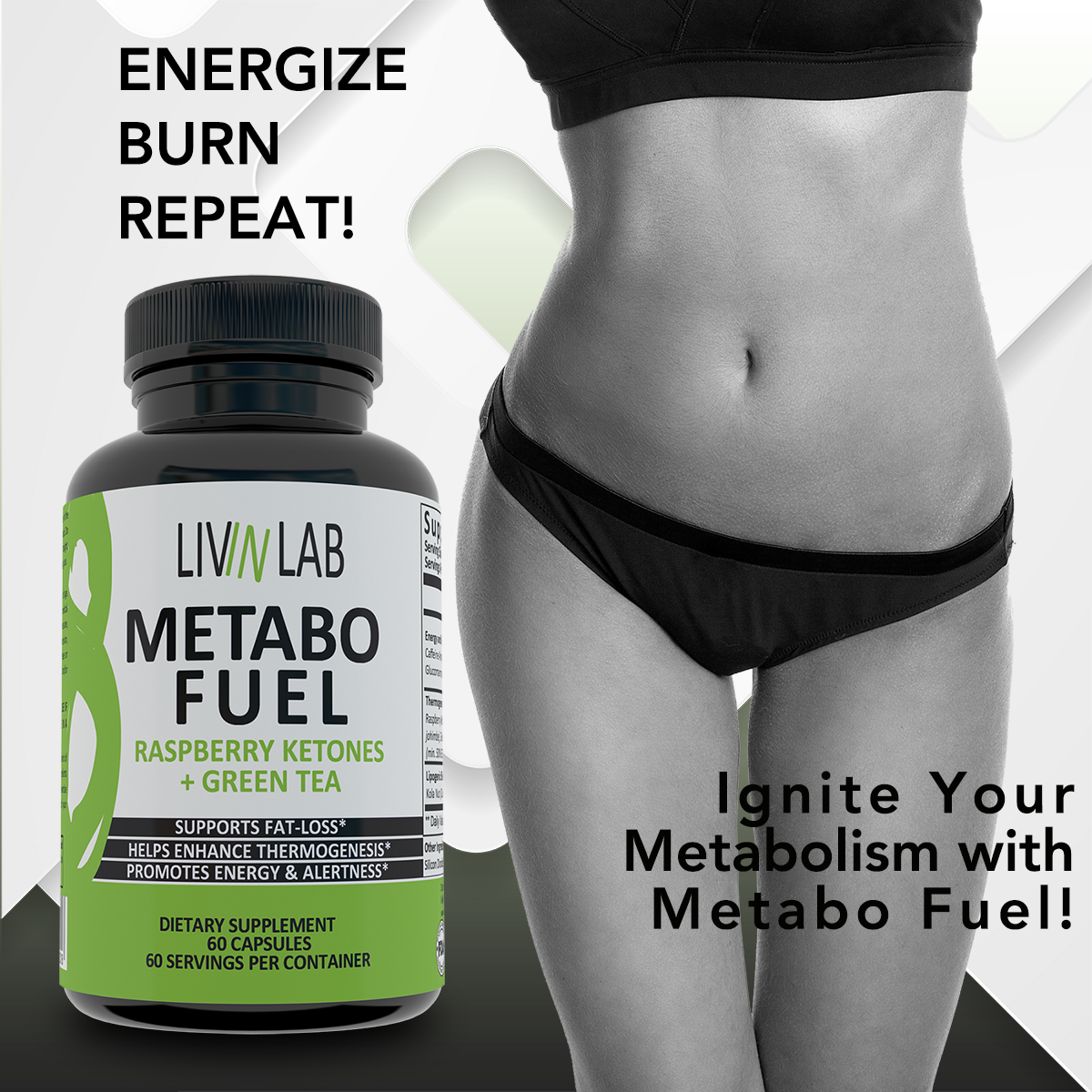 Transform your body with Metabo Fuel, powered by Raspberry Ketone, Yohimbe, and Green Tea. Ignite your metabolism, suppress appetite, and embark on a journey to a healthier you.