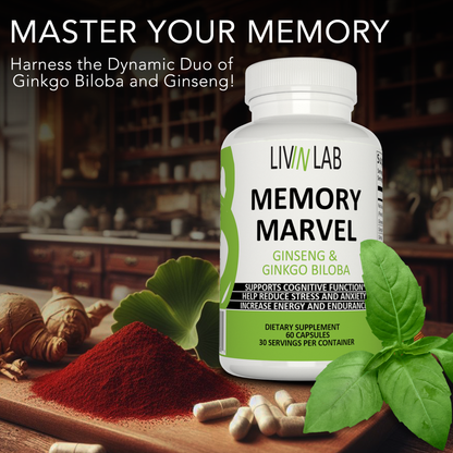 Experience Limitless Possibilities with Memory Marvel! Scientifically formulated with Ginkgo Biloba and Ginseng Extract for superior brain health.