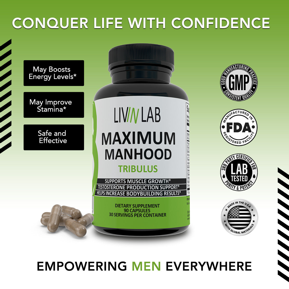 Tribulus elevates testosterone levels, muscle growth, and vitality.