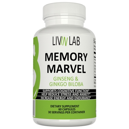 Enhance Your Mental Performance with Livin Lab Memory Marvel. Our blend of Ginkgo Biloba and Ginseng Extract is designed to boost memory and cognitive function.