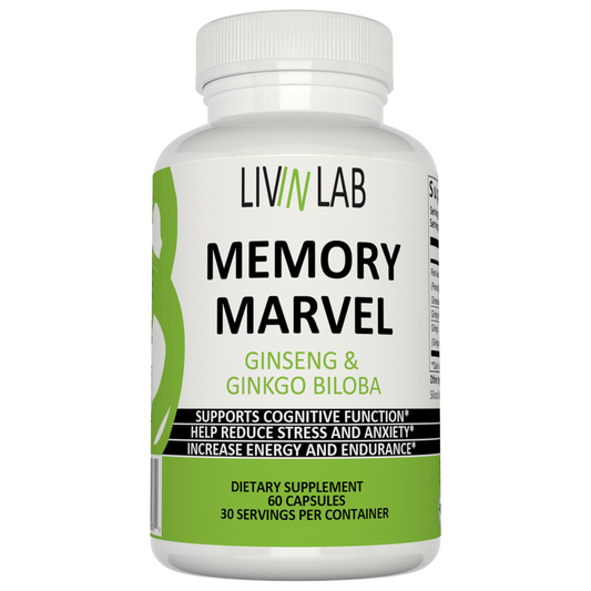 Enhance Your Mental Performance with Livin Lab Memory Marvel. Our blend of Ginkgo Biloba and Ginseng Extract is designed to boost memory and cognitive function.