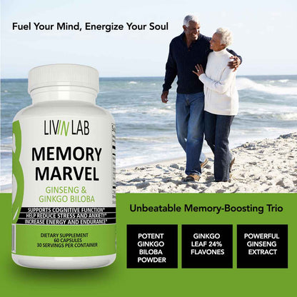 Maximize Your Mental Potential with Memory Marvel! Featuring Ginkgo Biloba and Ginseng Extract, it supports enhanced memory and cognitive performance.