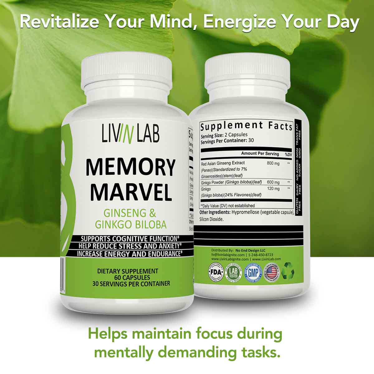 Improve Your Focus and Confidence with Livin Lab Memory Marvel. Our Ginkgo Biloba and Ginseng Extract blend enhances cognitive function and mental clarity.