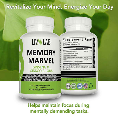 Improve Your Focus and Confidence with Livin Lab Memory Marvel. Our Ginkgo Biloba and Ginseng Extract blend enhances cognitive function and mental clarity.