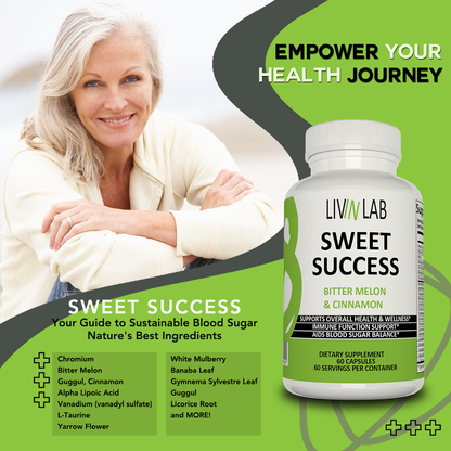 Achieve Balance and Vitality with Sweet Success Blood Sugar Capsules: Trust in Livin Lab's commitment to quality and efficacy for maintaining healthy blood glucose levels and promoting vitality.