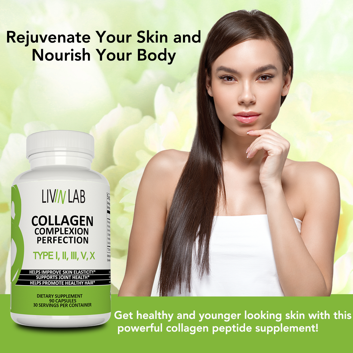 Say Goodbye to Wrinkles and Fine Lines with Livin Lab's Premium Collagen Complex. Our advanced formula promotes smooth, firm, and youthful skin.