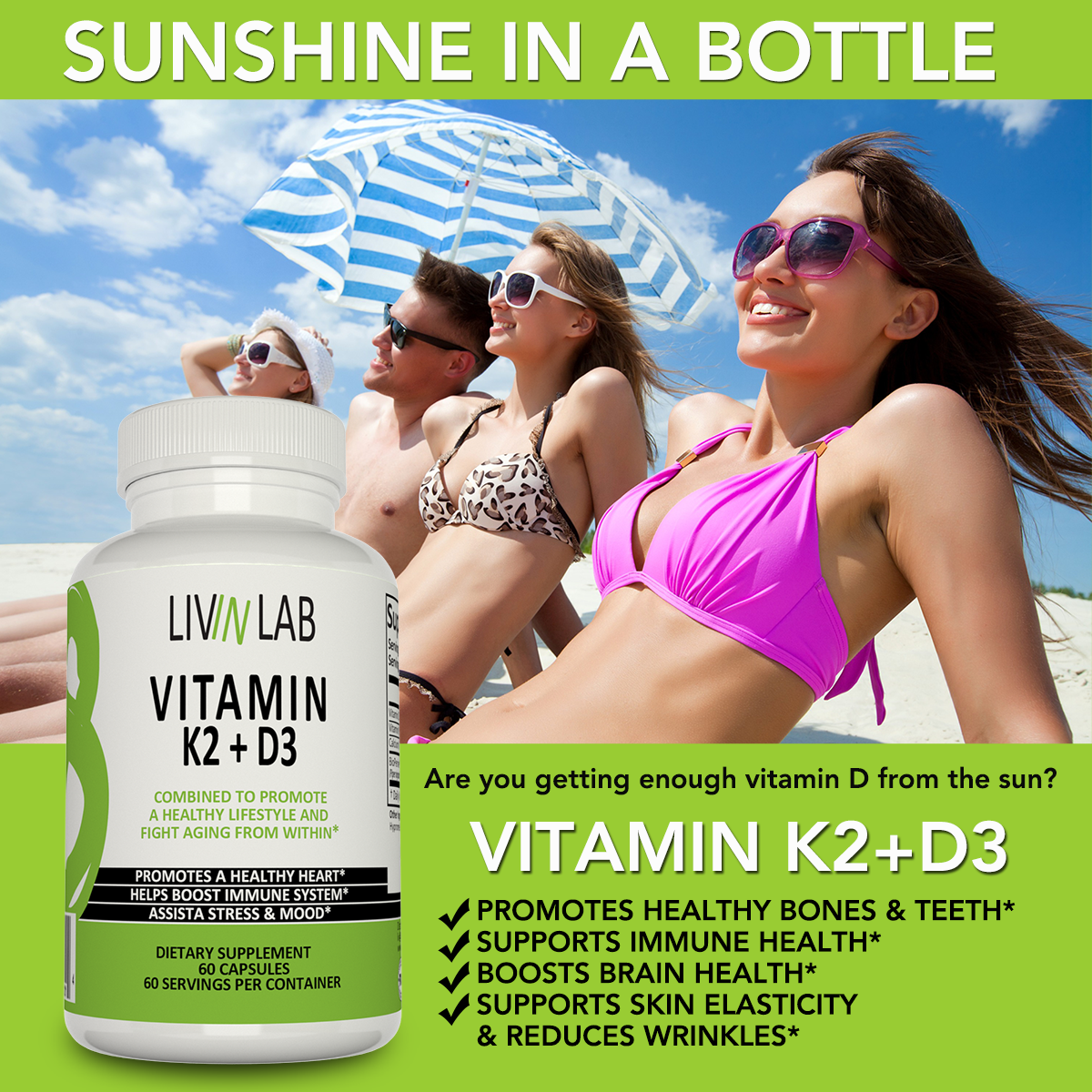 Experience the Difference with Livin Lab Vitamin K2+D3: From healthier immunity to youthful skin, this supplement has it all. Try it today and unlock your full potential!